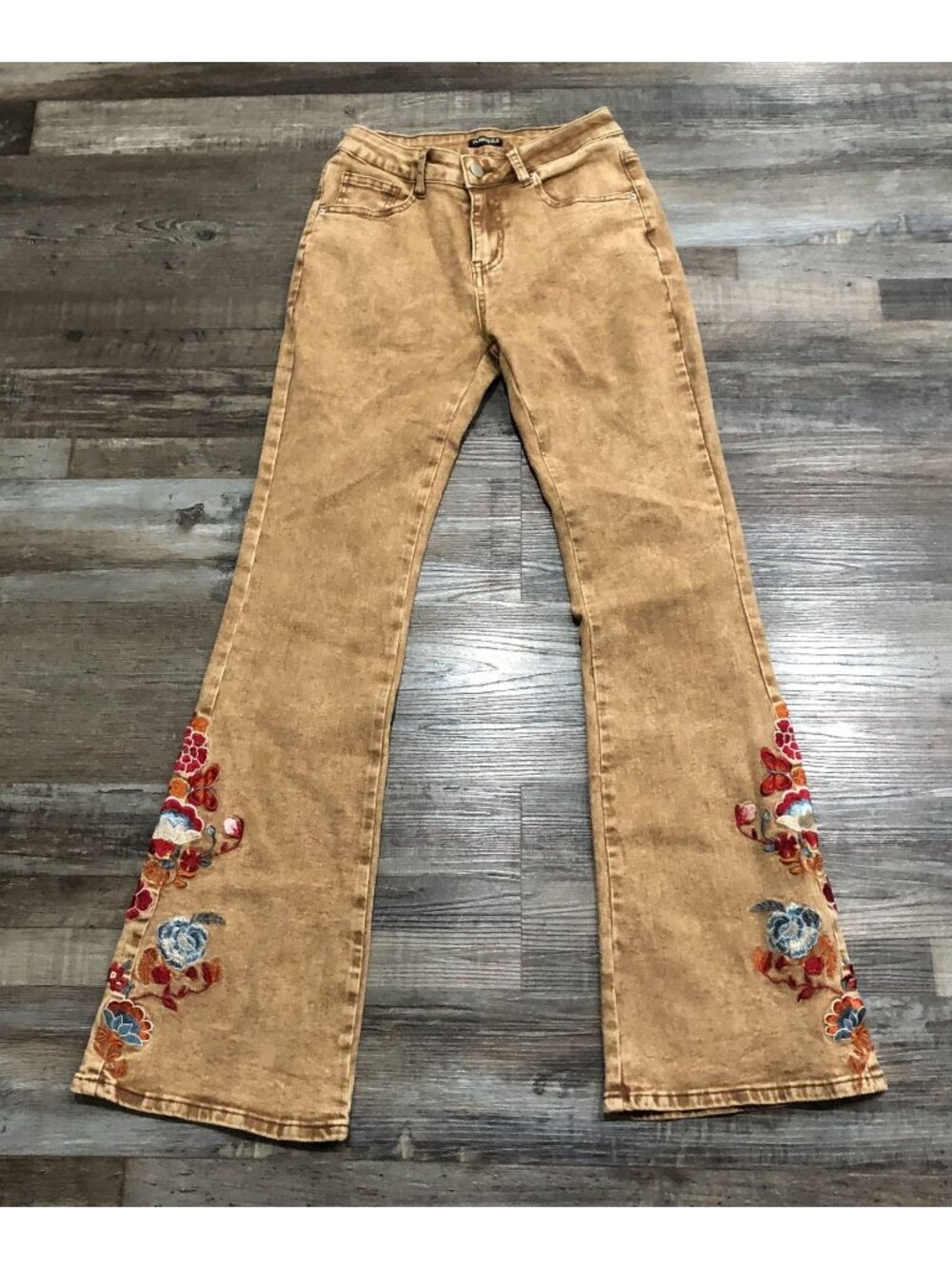 Flamingals Womens XS Brown Embroidered Floral Flare Leg Jeans 32" Inseam